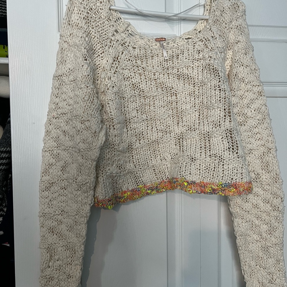 Free People Cream Cropped Knit Sweater with Multicolor Trim